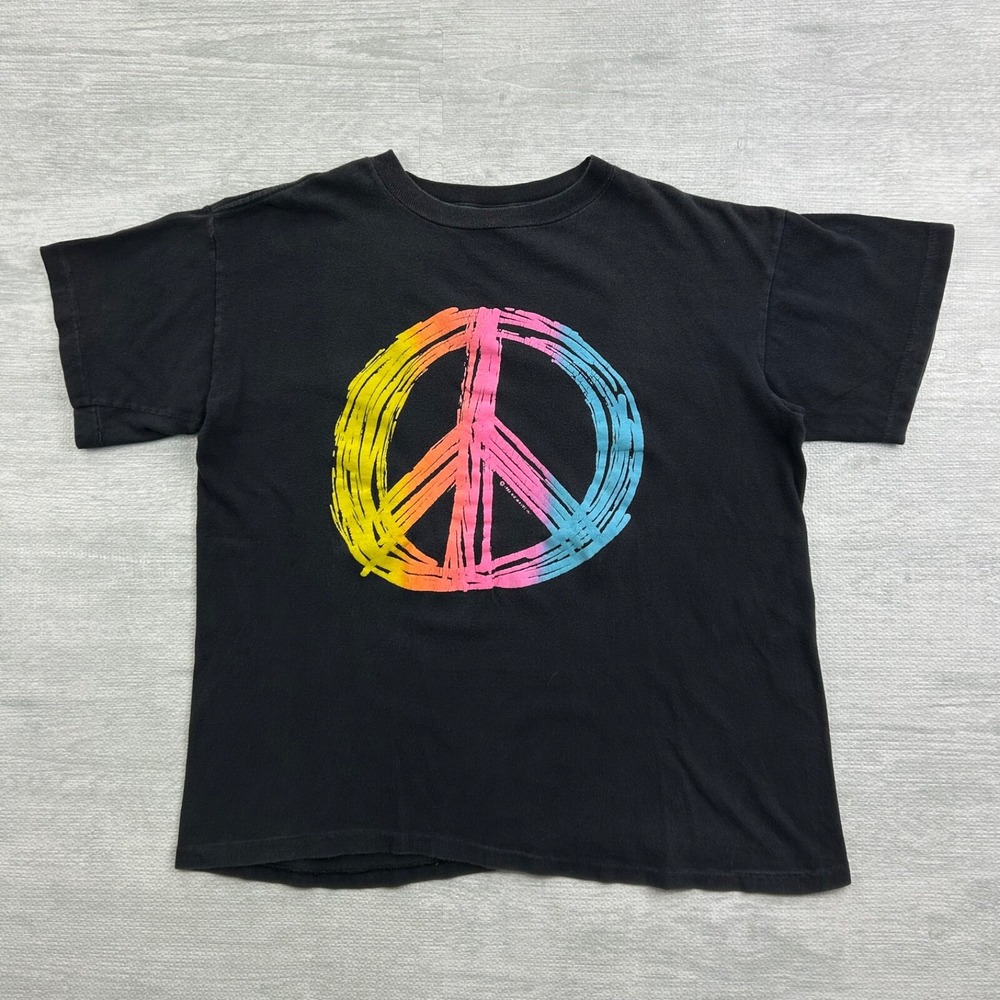 Vintage 80s Peace Sign Shirt Size Large Black Rainbow Logo